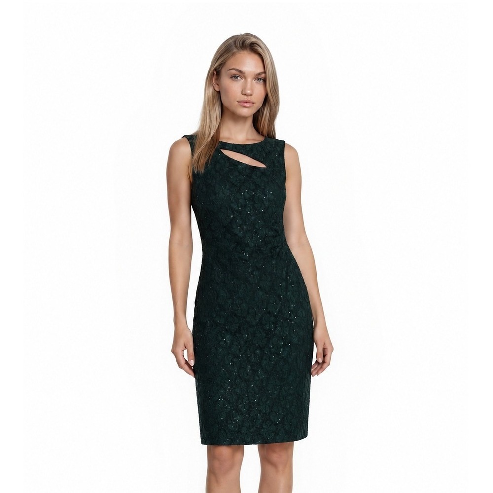 New Connected Apparel Sheath Dress Women's Size 16 Hunter Green Sequin Lace